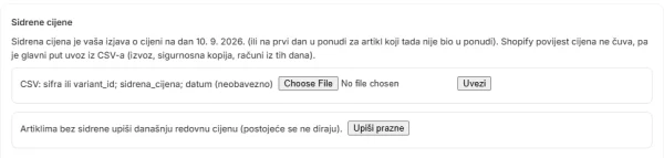 Uvoz sidrenih cijena u administraciji aplikacije (Shopify)